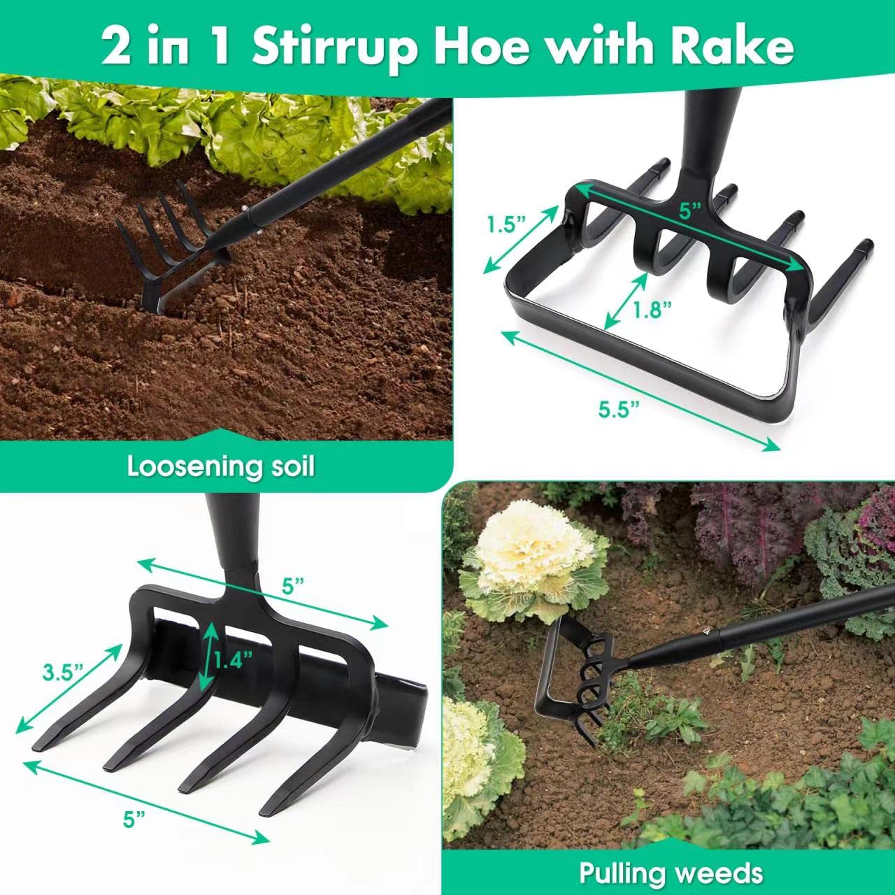 Adjustable Long-Handled Stirrup Hoe Cultivator - Heavy-Duty Scuffle Hoe with Rake Tiller Cultivator for Weeding, Digging, and Loosening Soil