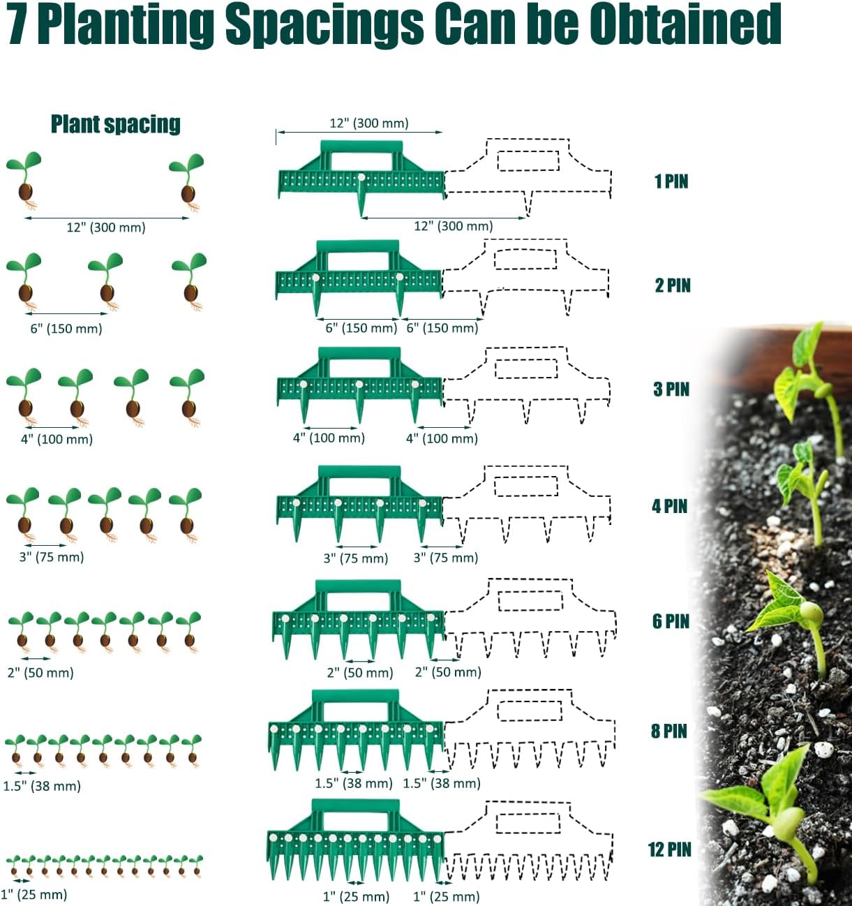 Multifunctional Seed Dibber and Spacer Tool - Ideal for Planting Seeds with Perfectly Spaced Rows (Green)