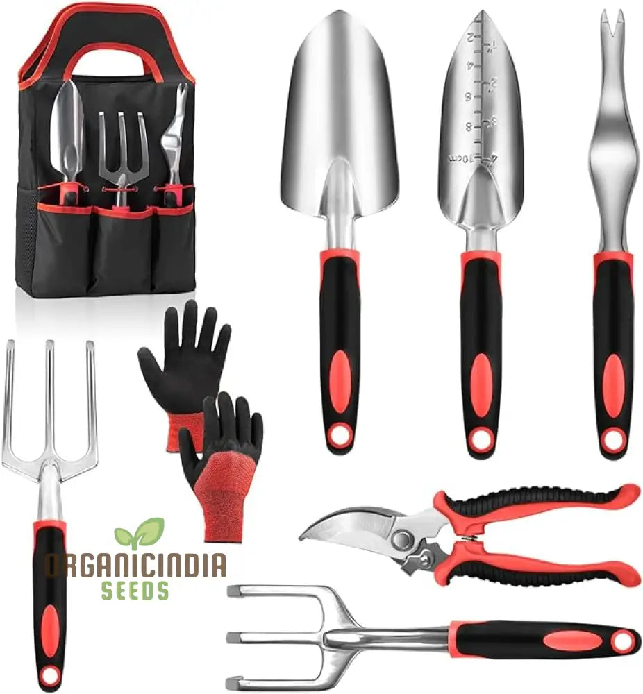 Red Garden Tool Set With Non-Slip Rubber Grip - 8 Piece Stainless Steel Gardening Includes