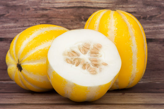 Early Silver Line Melon (Cucumis melo) – Yellow Striped Skin White Flesh Korean Fruit Seeds