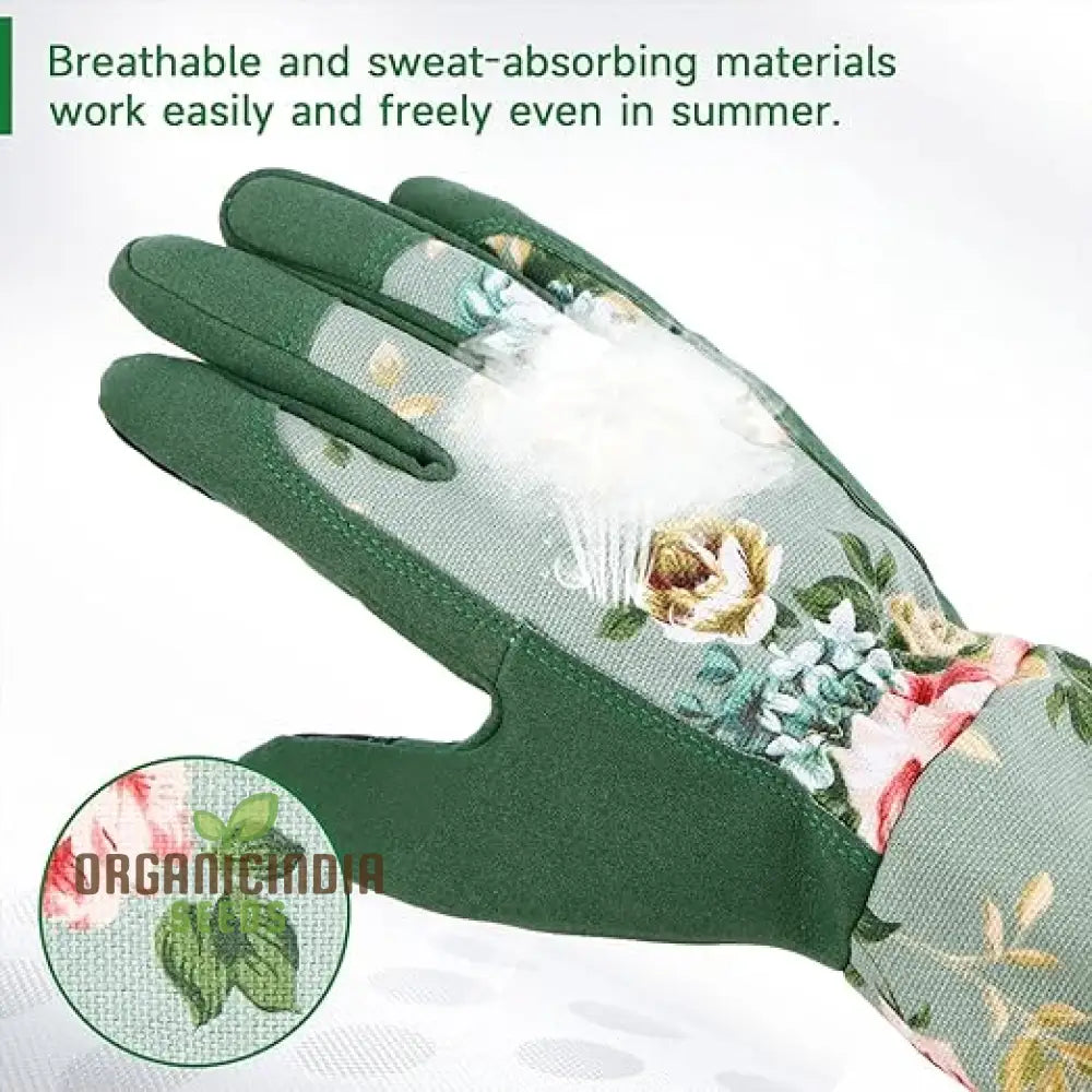 Women’s Durable And Comfortable Long Gardening Gloves - Leather Garden For Yard Work Green Print