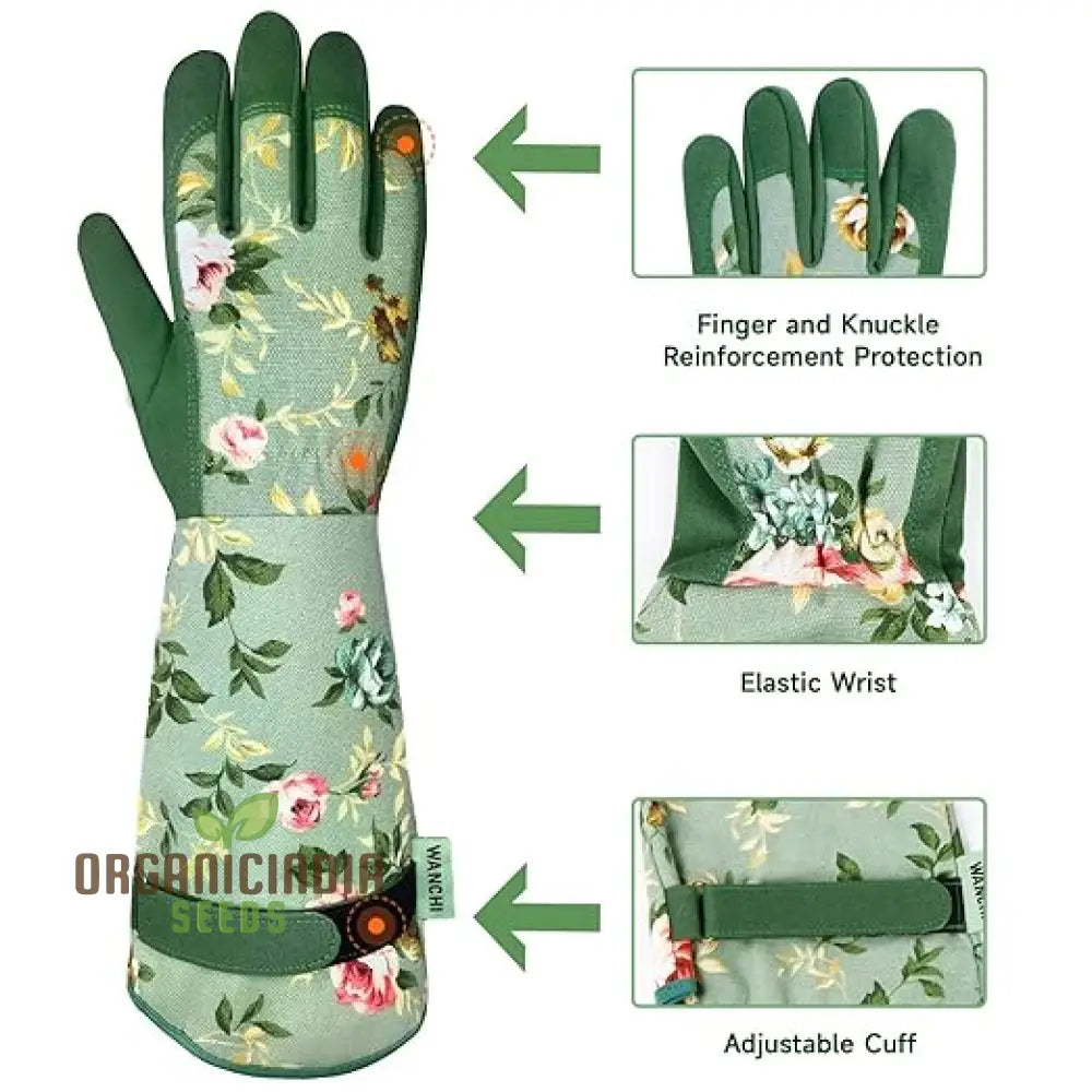 Women’s Durable And Comfortable Long Gardening Gloves - Leather Garden For Yard Work Green Print