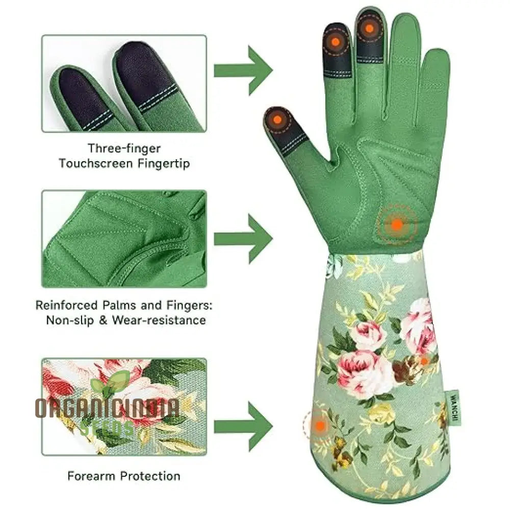 Women’s Durable And Comfortable Long Gardening Gloves - Leather Garden For Yard Work Green Print