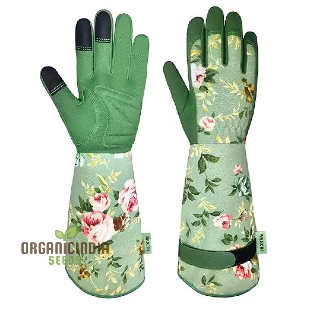 Women’s Durable And Comfortable Long Gardening Gloves - Leather Garden For Yard Work Green Print